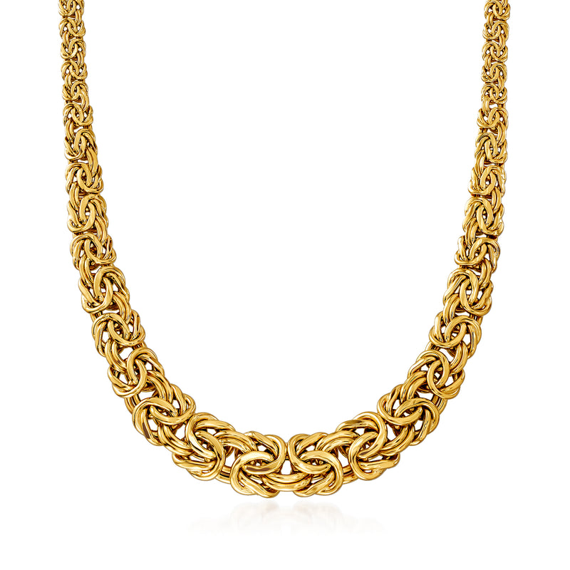 Graduated Byzantine yellow gold chain necklace with interlocking oval links, polished 18kt