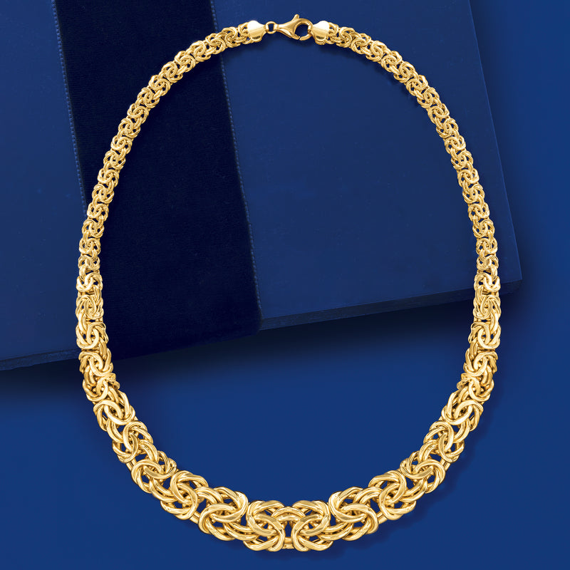 Graduated Byzantine yellow gold chain necklace with oval link segments, polished shine