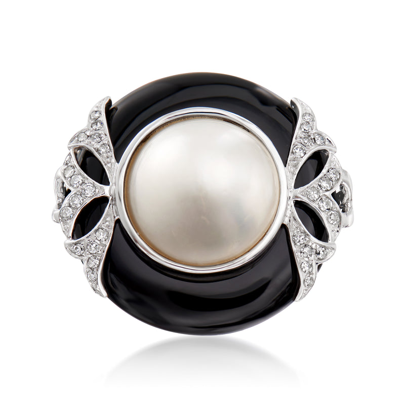 14k white gold ring with mabe pearl, black onyx center, and diamond accents