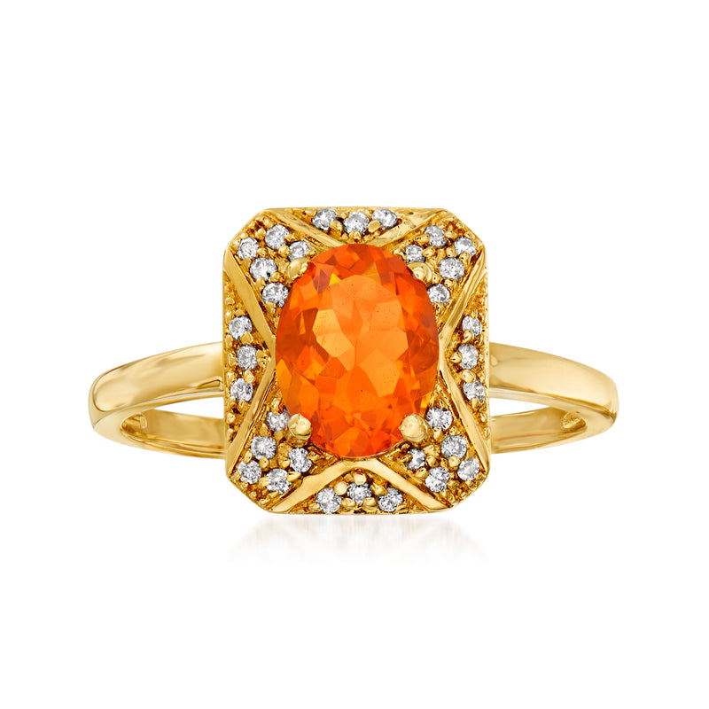 14kt yellow gold ring with orange oval fire opal and diamond halo