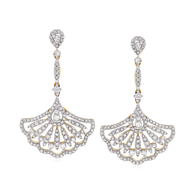 Diamond fan drop earrings in 14kt yellow gold, pair with teardrop tops