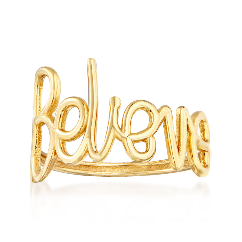 14kt yellow gold cursive Believe statement ring, open top band