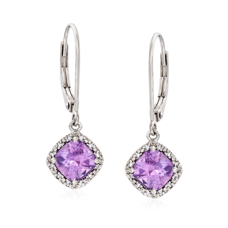 Sterling silver amethyst drop earrings: purple cushion stone with diamond halo