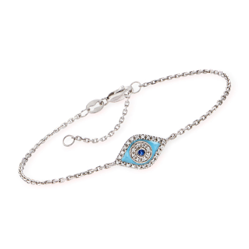 14kt white gold evil eye bracelet with blue center stone and diamond accents