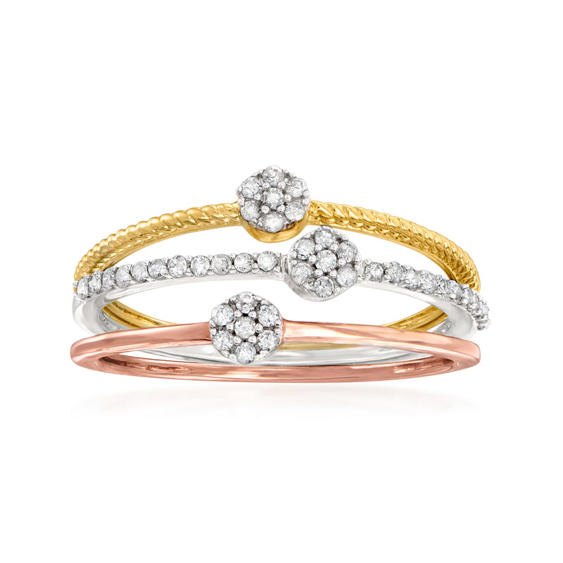 Three diamond cluster rings in 14kt tri-colored gold: yellow, white, and rose with round stones