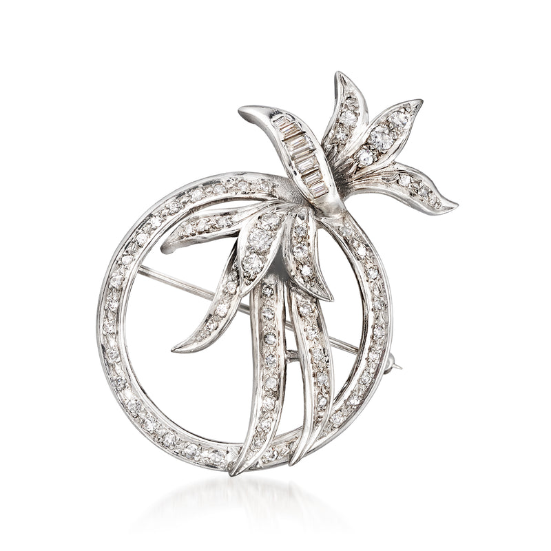 Vintage 14kt white gold diamond circle pin with floral bow motif