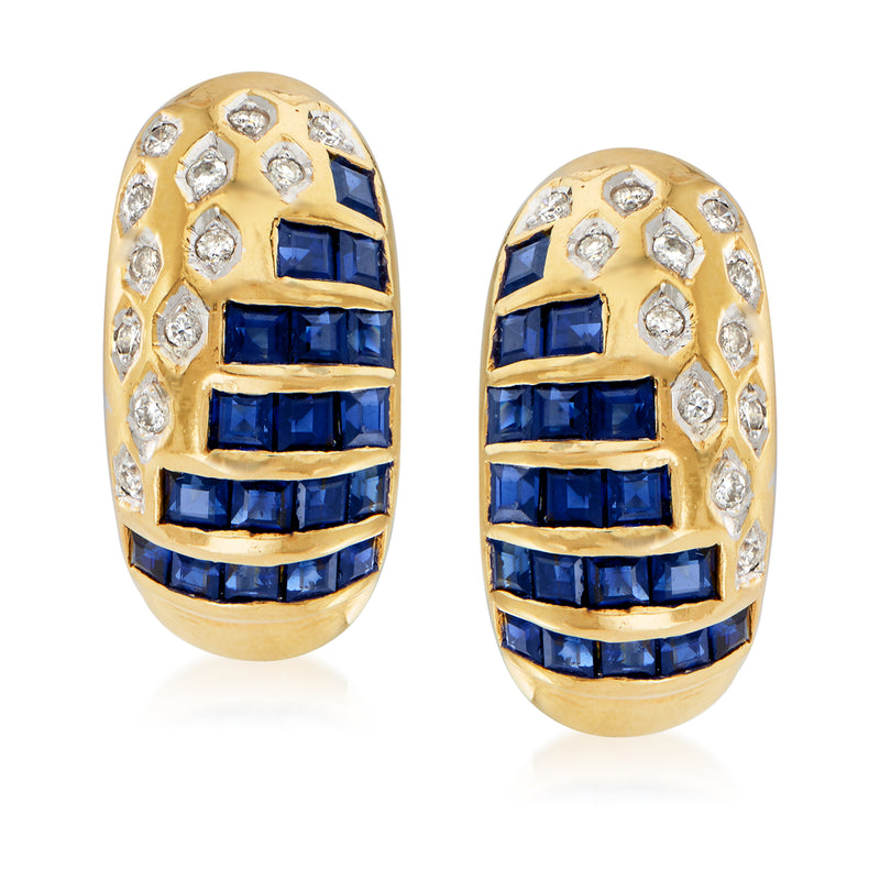 18kt yellow gold post earrings with blue sapphire and round diamond accents