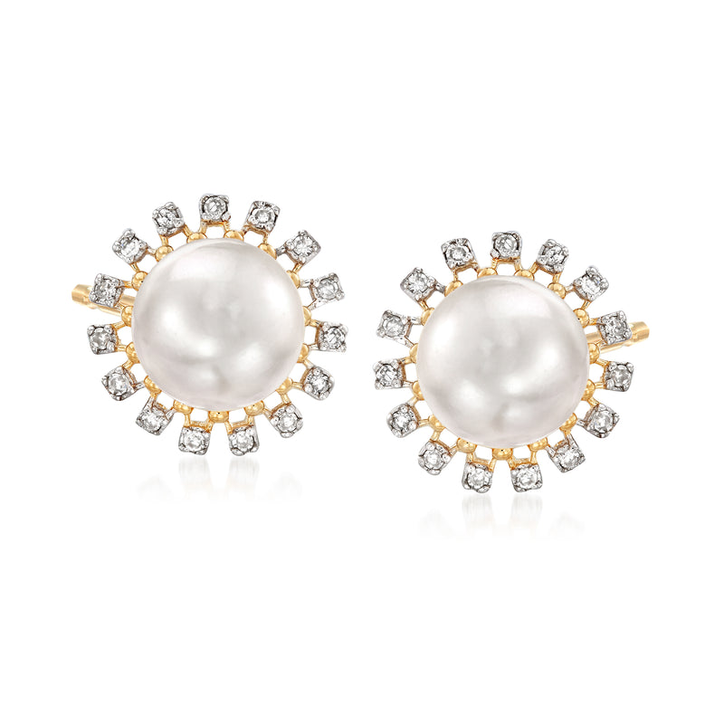 14kt yellow gold pearl stud earrings with round white pearl and diamond halo accents