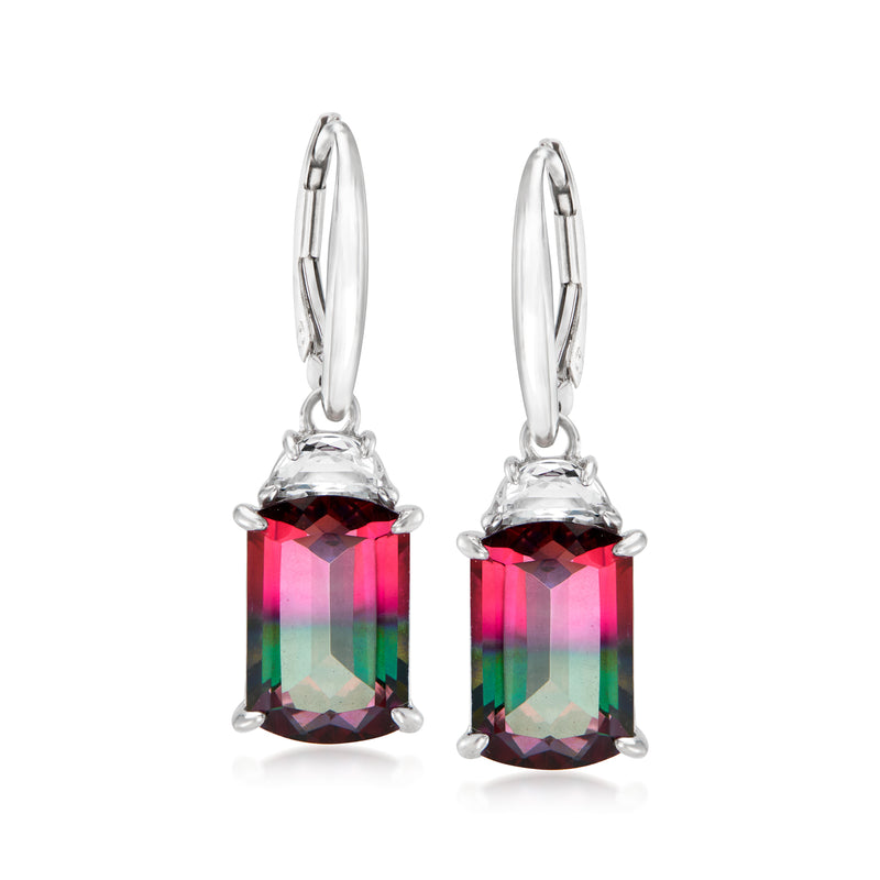 Sterling silver leverback drop earrings with faceted watermelon quartz and clear accents