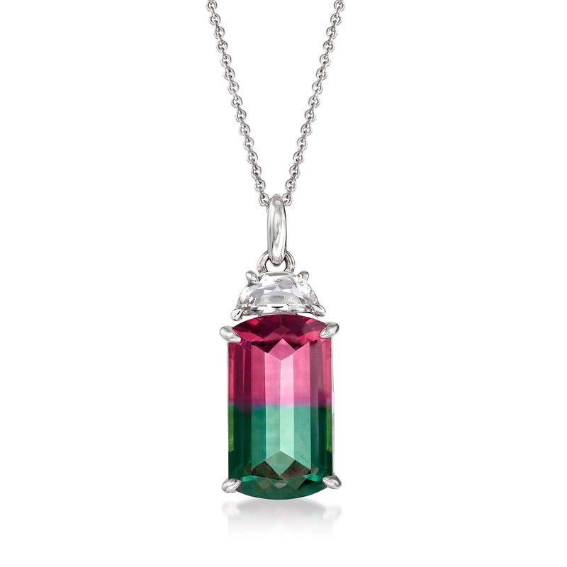 Sterling silver pendant necklace with faceted watermelon quartz gemstone and clear crystal top