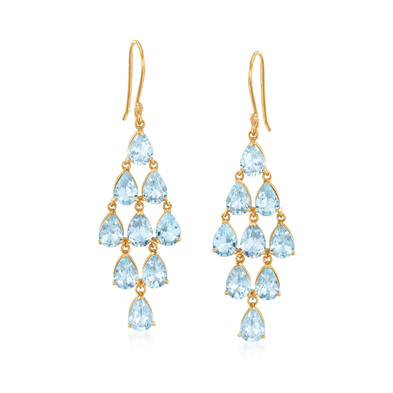 Sky blue topaz chandelier earrings with teardrop stones on gold earwires
