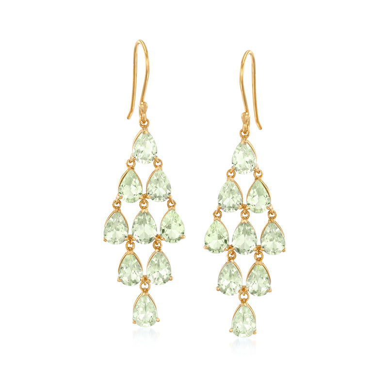 18kt gold over sterling chandelier earrings with green teardrop prasiolite stones
