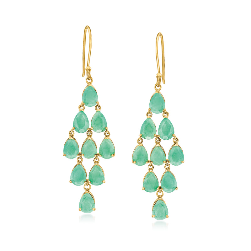 Gold over sterling chandelier earrings with green teardrop gemstones, earwire