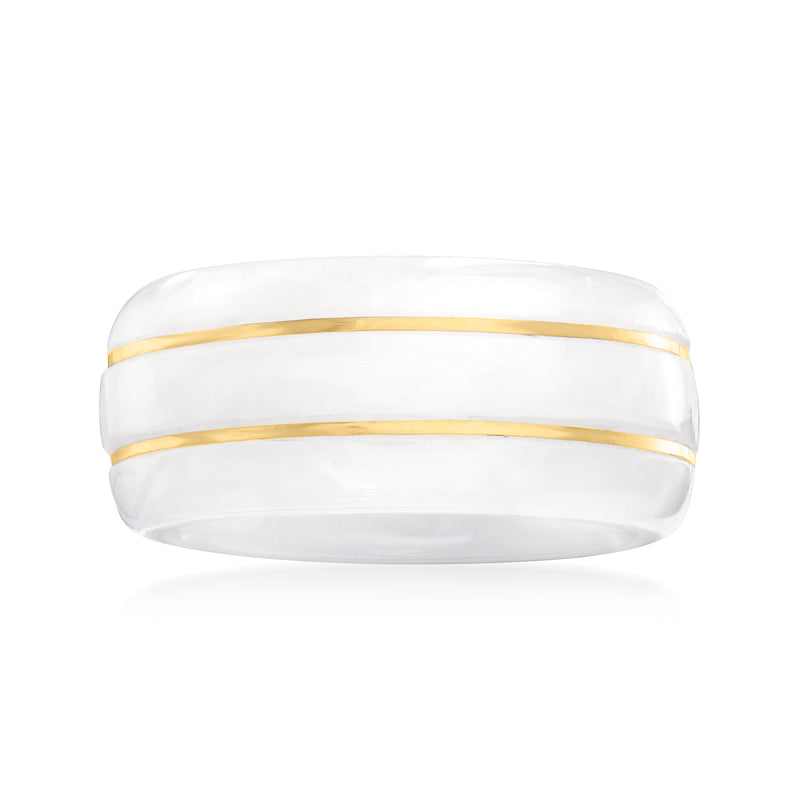 Wide white jade ring with 14kt yellow gold inlay bands
