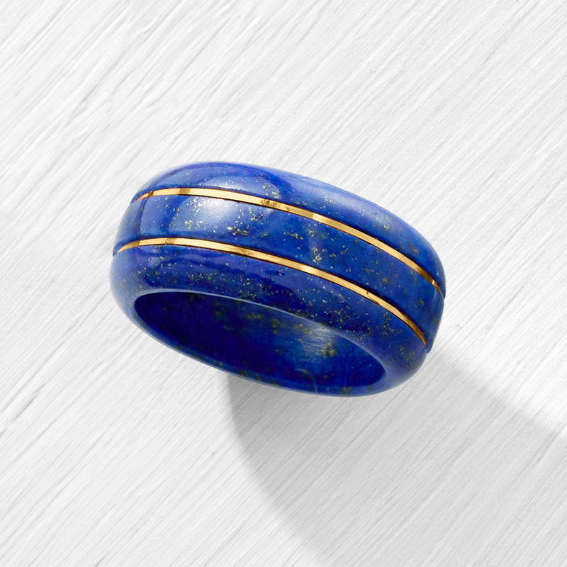 Lapis blue oval ring with two gold inlay bands