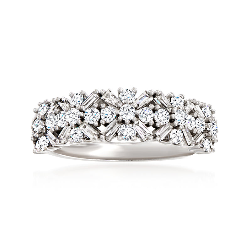 Diamond floral ring in 14kt white gold, with clustered round and baguette stones