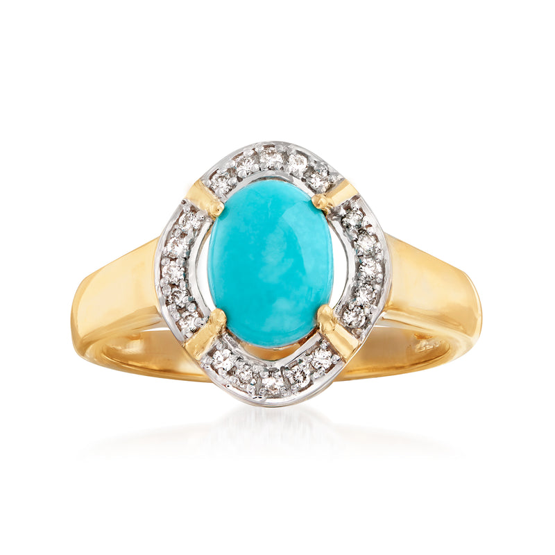 14kt yellow gold diamond ring with oval turquoise center and circular diamond halo