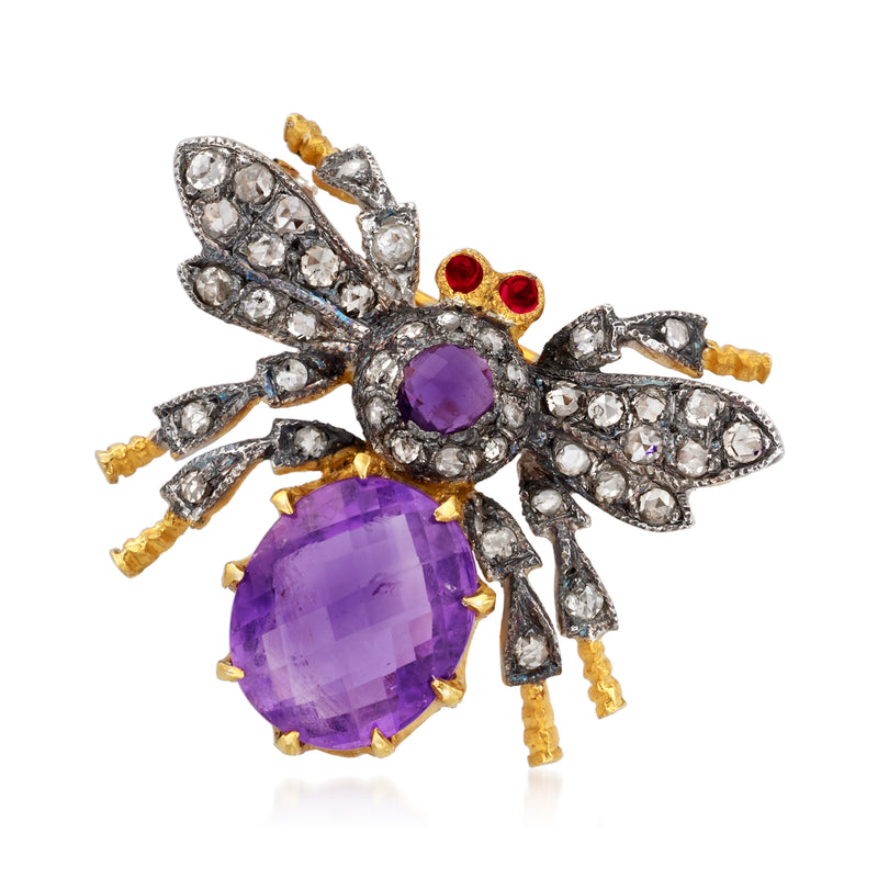 Amethyst purple bee brooch pin in sterling silver with diamond accents and red eyes