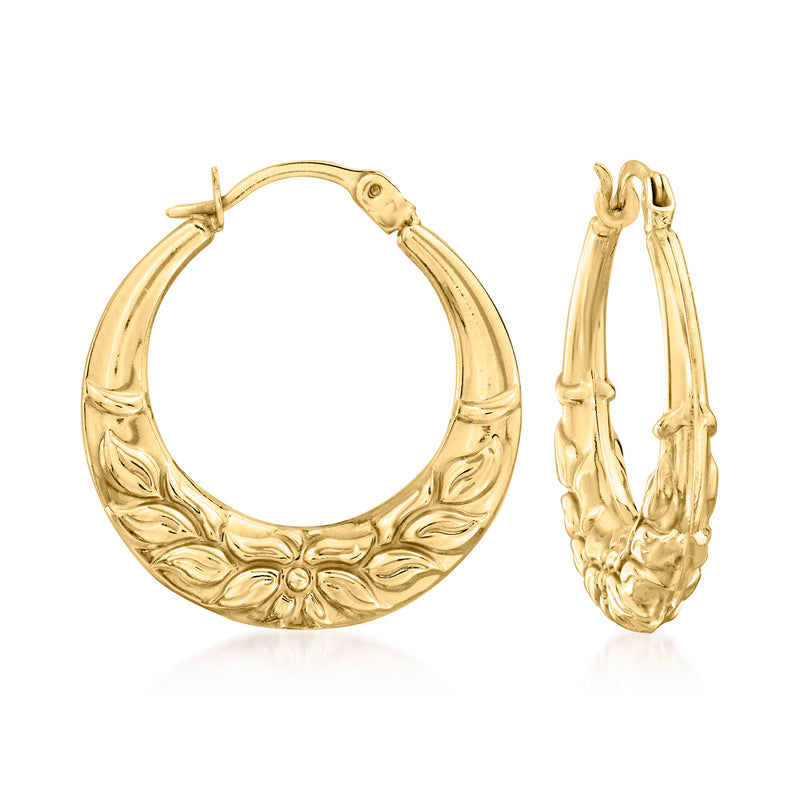 14kt yellow gold floral hoop earrings with hinged clasp and embossed leaf design