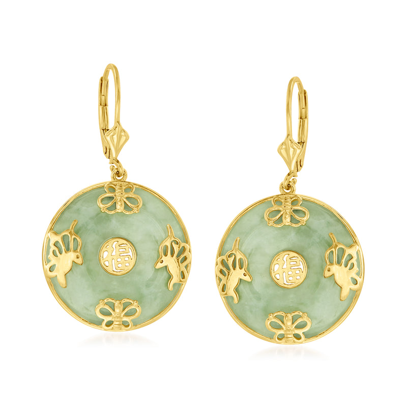 Jade round drop earrings with gold butterfly motifs, leverback closures