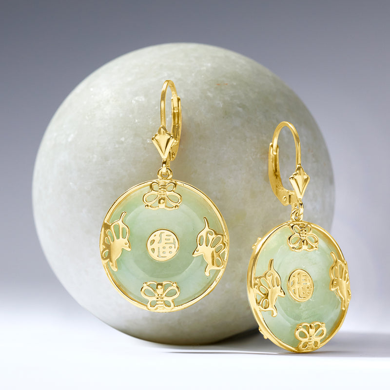 Jade round drop earrings with gold charm details and leverback hooks
