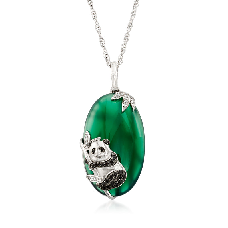 Sterling silver panda pendant necklace with green oval agate, black spinel accents, clear stones
