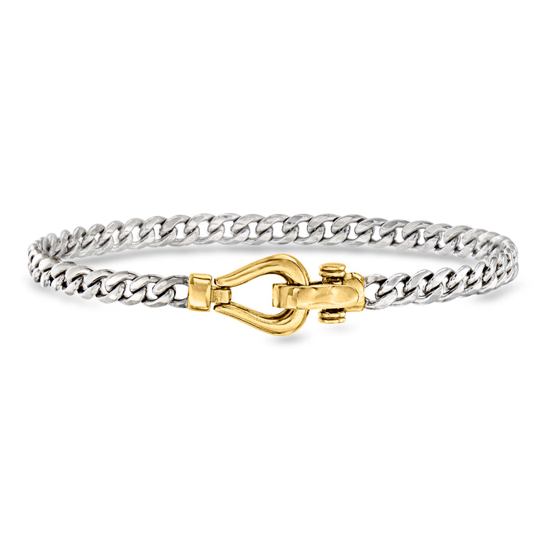 Sterling silver curb-link bracelet with gold-tone clasp and foldover closure