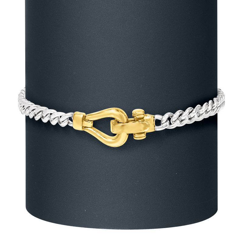 Sterling silver curb-link bracelet with gold-tone clasp detail and latch