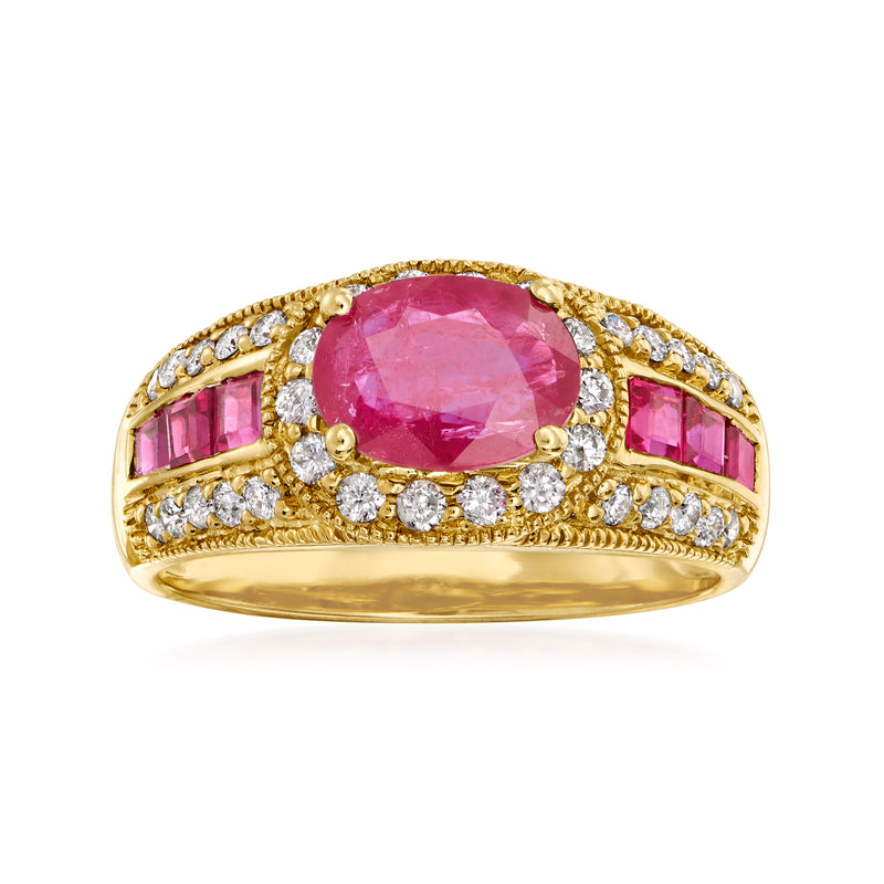 14kt yellow gold ruby and diamond ring with oval pink center and round diamond accents