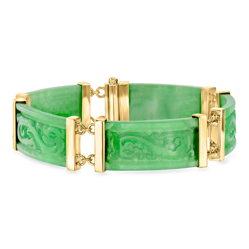 Jade green bracelet with gold over sterling bar links and hinged clasp