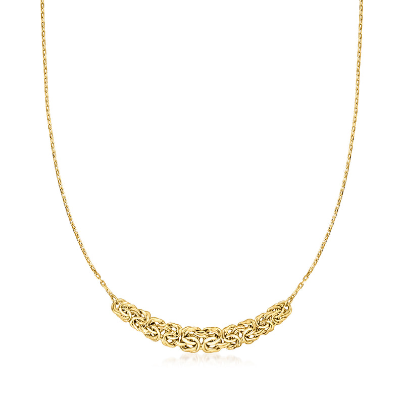 Gold Byzantine chain necklace, close-up of intertwined link band