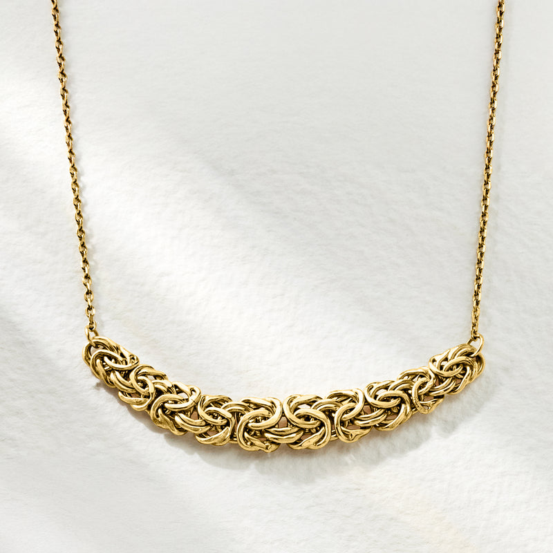Gold Byzantine chain necklace, front view of intertwined link band