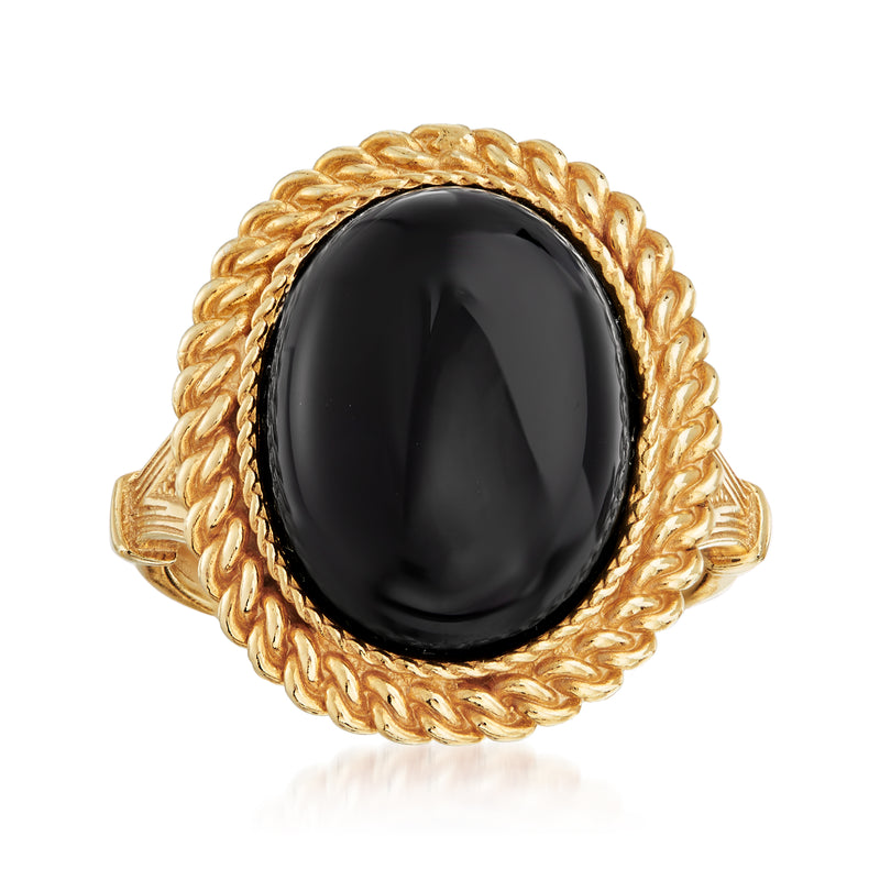 Gold over sterling ring with oval black onyx cabochon, rope twist bezel