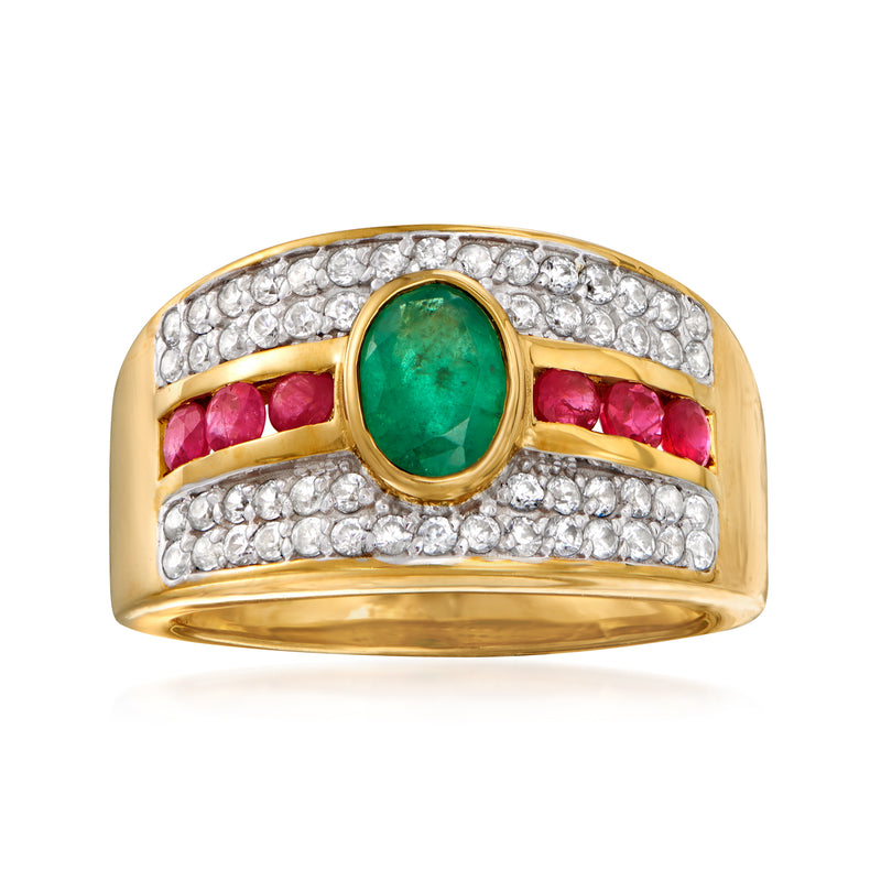 Gold-tone ring with oval green center stone, clear pave sides, and red accents