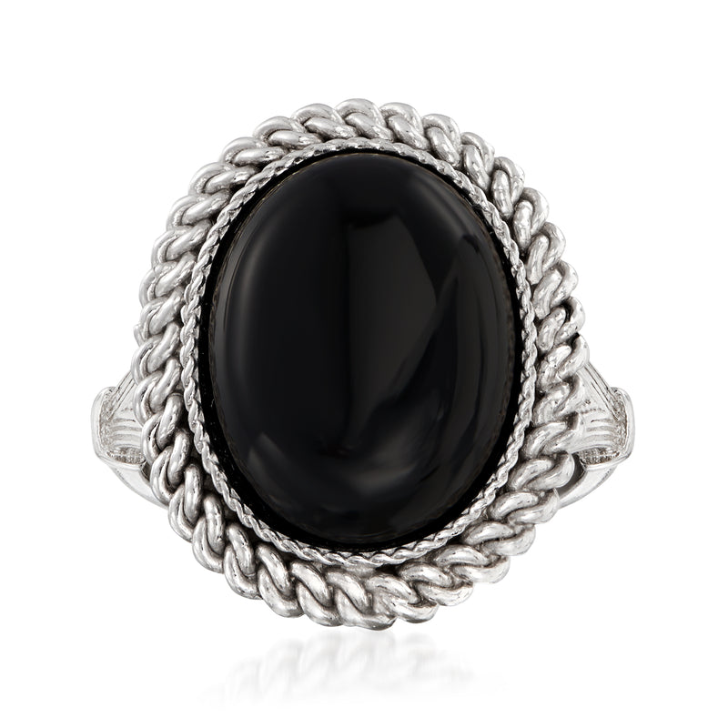 Sterling silver ring with oval black onyx gemstone in a braided rope bezel