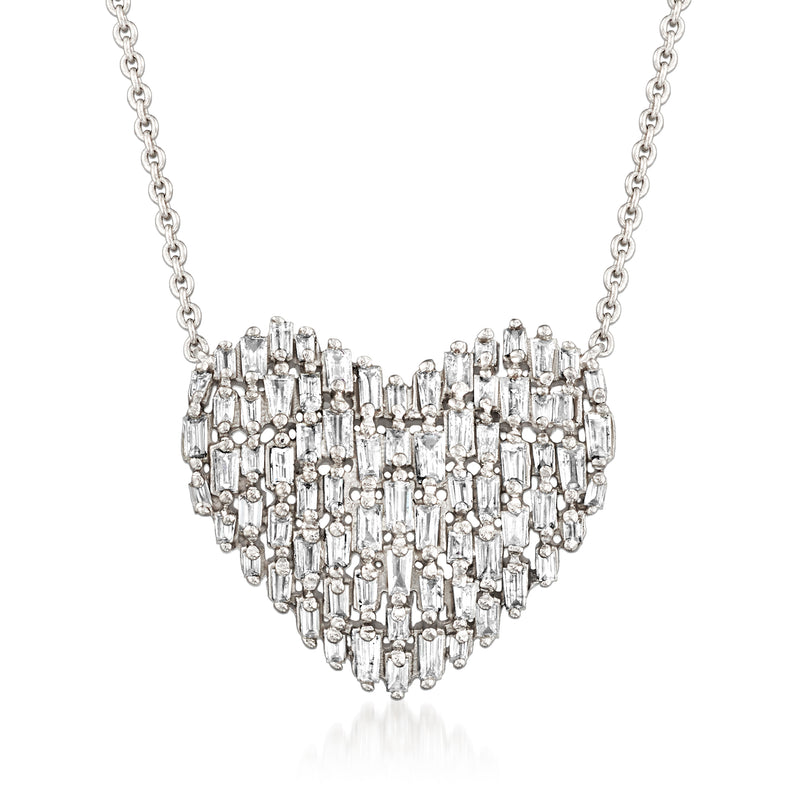 Sterling silver diamond heart necklace with baguette and round stones