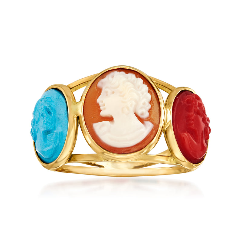 Gold over sterling cameo ring with multicolor bezel: white cameo, blue and red side panels