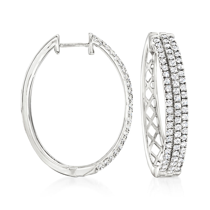 Sterling silver oval hoop earrings with diamond pave, front and side view