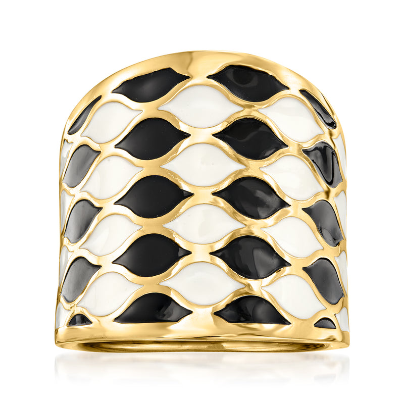 Italian enamel ring in 14kt yellow gold with black and white diamond pattern