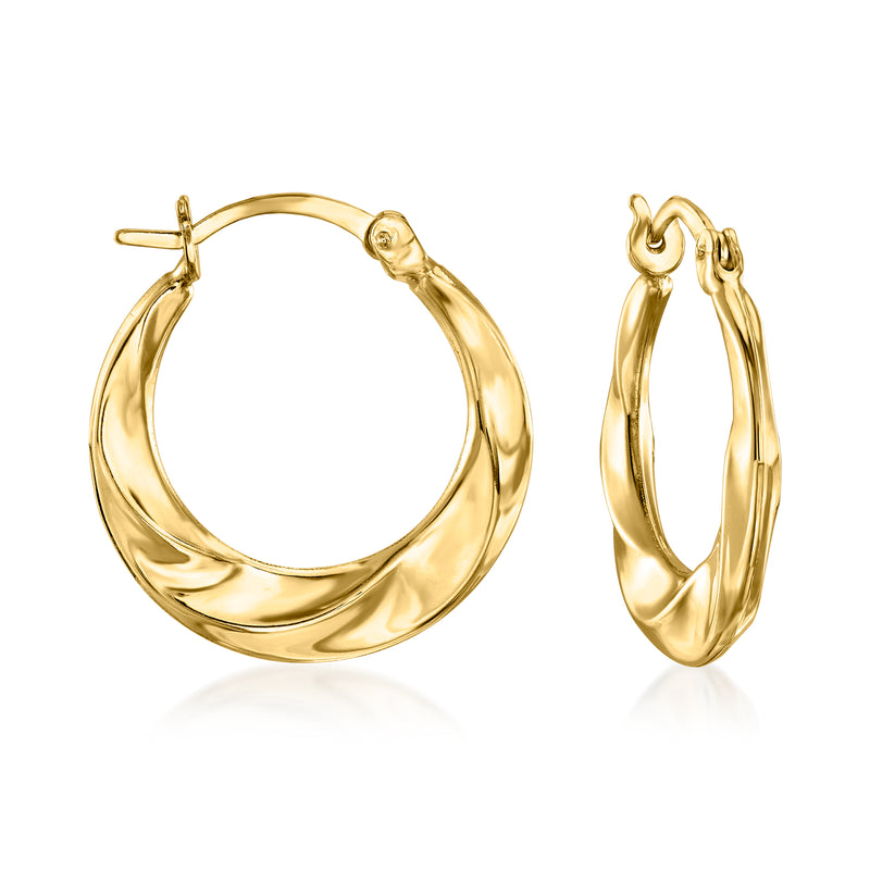 Twisted 14kt yellow gold hoop earrings, hinged with loop closure