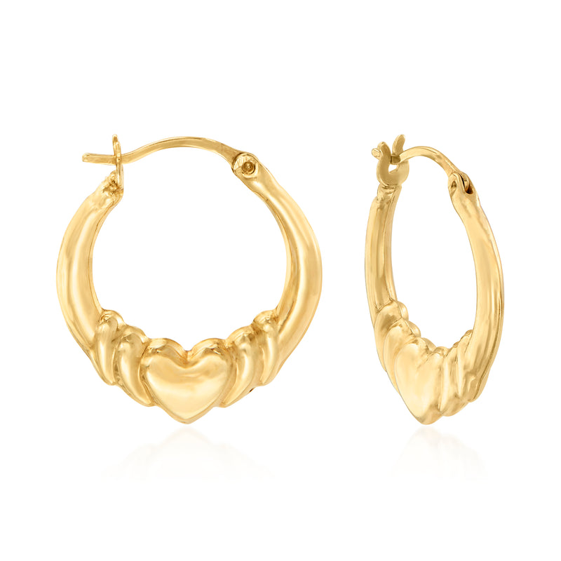 14kt yellow gold ribbed heart hoop earrings, round hoops with raised heart front detail