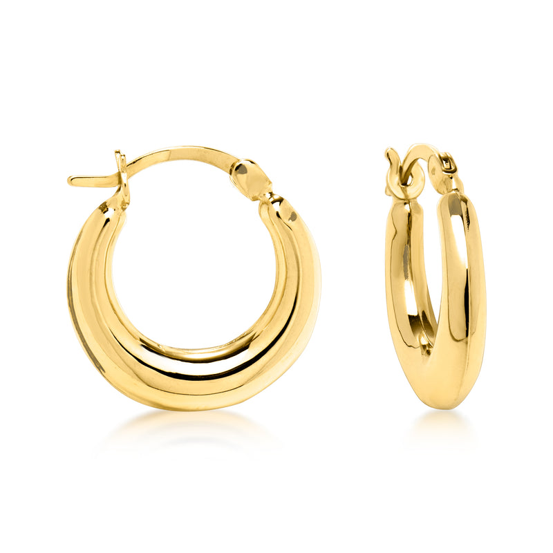 14kt yellow gold hoop earrings, hinged with clasp, polished oval profile