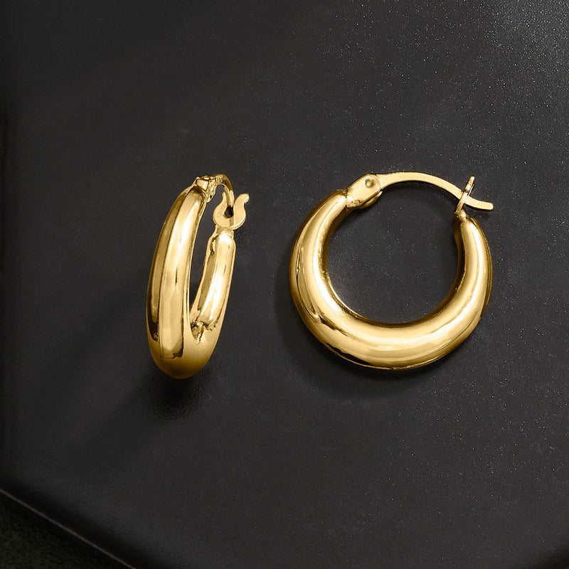 14kt yellow gold hoop earrings, side view, hinged clasp, polished oval hoops