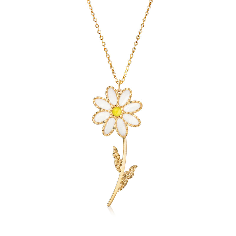 14kt yellow gold necklace with white enamel daisy pendant and small bird charm