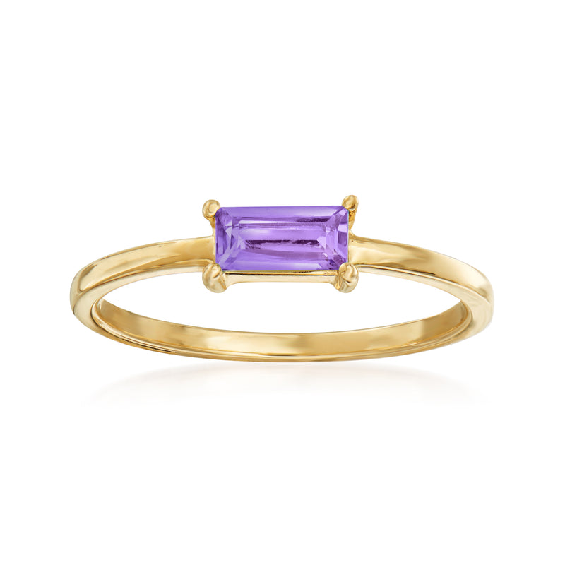14kt yellow gold ring with rectangular amethyst gemstone, slim band