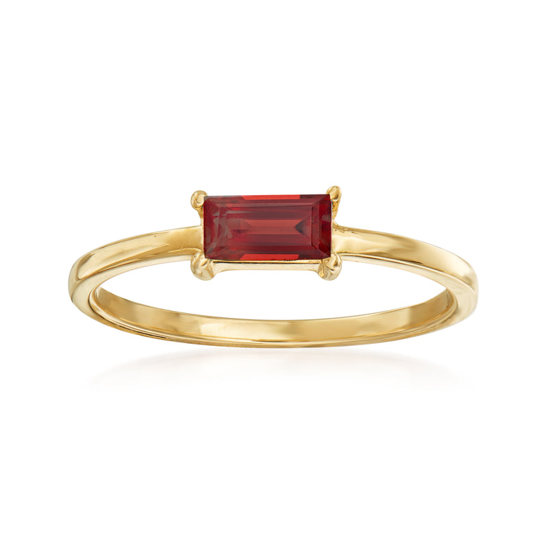 14kt yellow gold garnet ring with rectangular red gemstone and prong setting