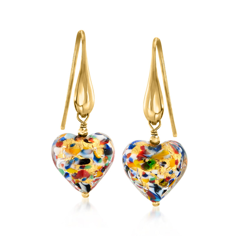 Gold-tone heart drop earrings with multicolored Murano glass hearts and earwire hooks