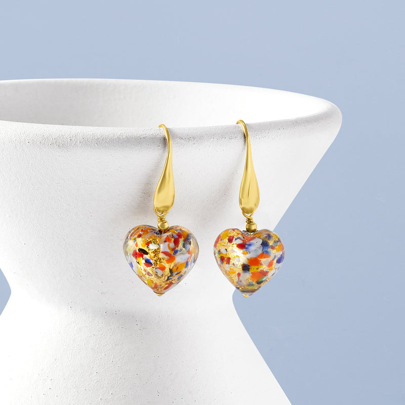 Gold-tone heart drop earrings with multicolored Murano glass hearts on earwire