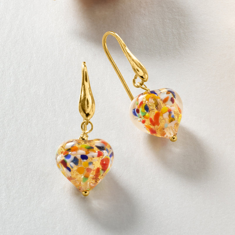 Gold-tone earwire heart drop earrings with speckled multicolor Murano glass hearts