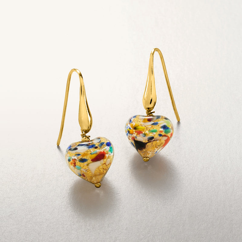 Gold-tone heart drop earrings with multicolored Murano glass hearts, curved earwire